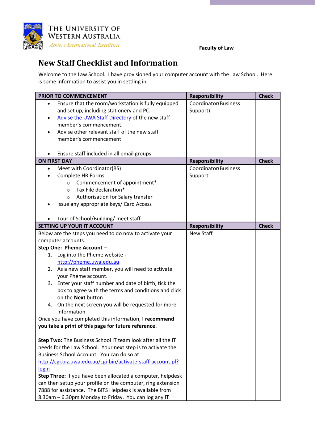 New Staff Checklist and Information