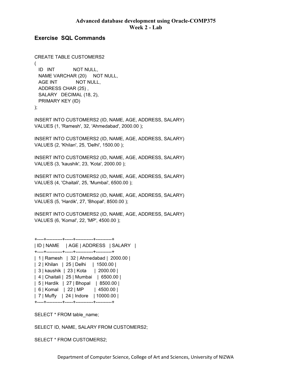 Advanced Database Development Using Oracle-COMP375