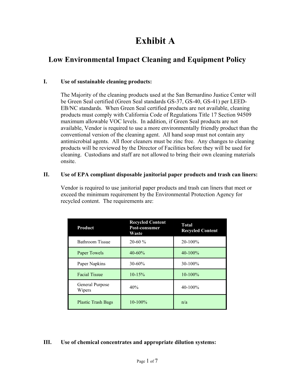 Low Environmental Impact Cleaning and Equipment Policy