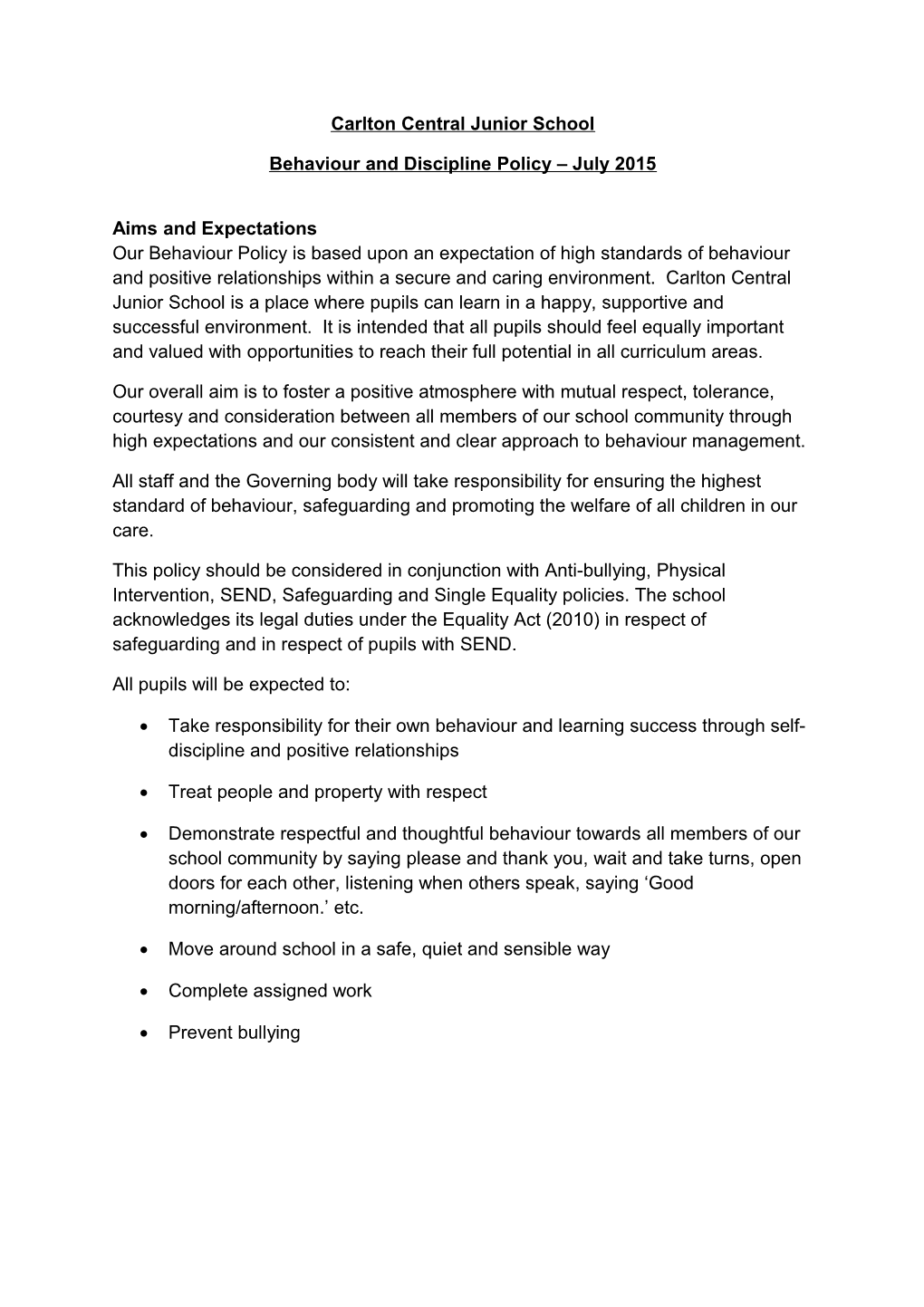 Behaviour and Discipline Policy July 2015