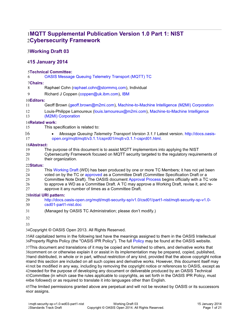 MQTT Supplemental Publication Version 1.0 Part 1: NIST Cyber Security Framework