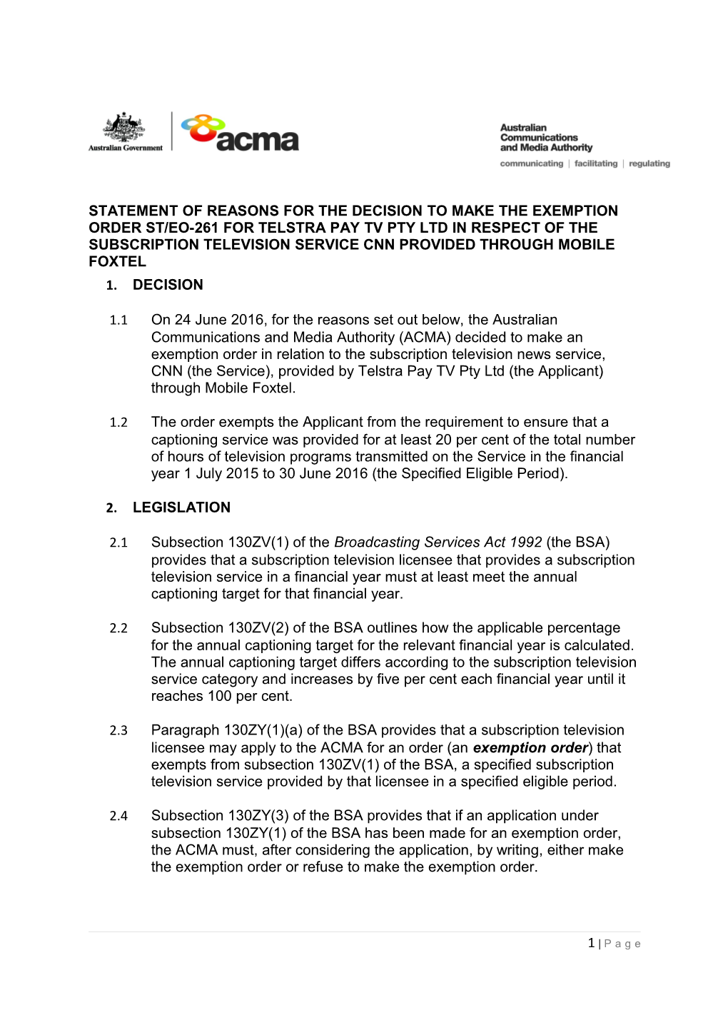 Statement of Reasons for the Decision to Make the Exemption Order St/Eo-261For Telstra