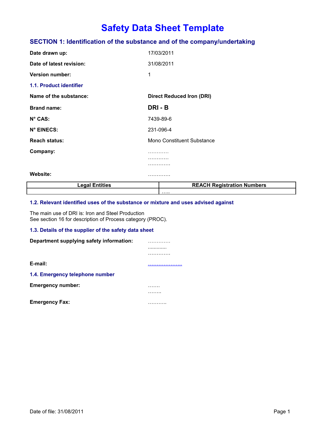 Safety Data Sheet Template