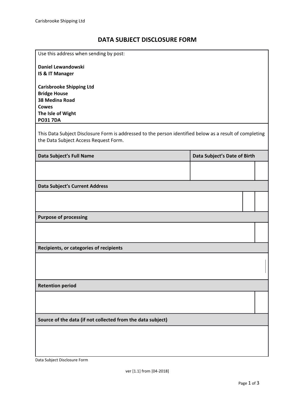 Data Subject Disclosure Form