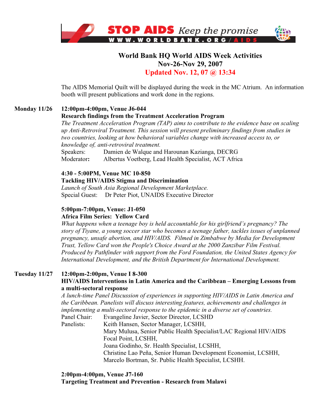 World Bank HQ World AIDS Week Activities