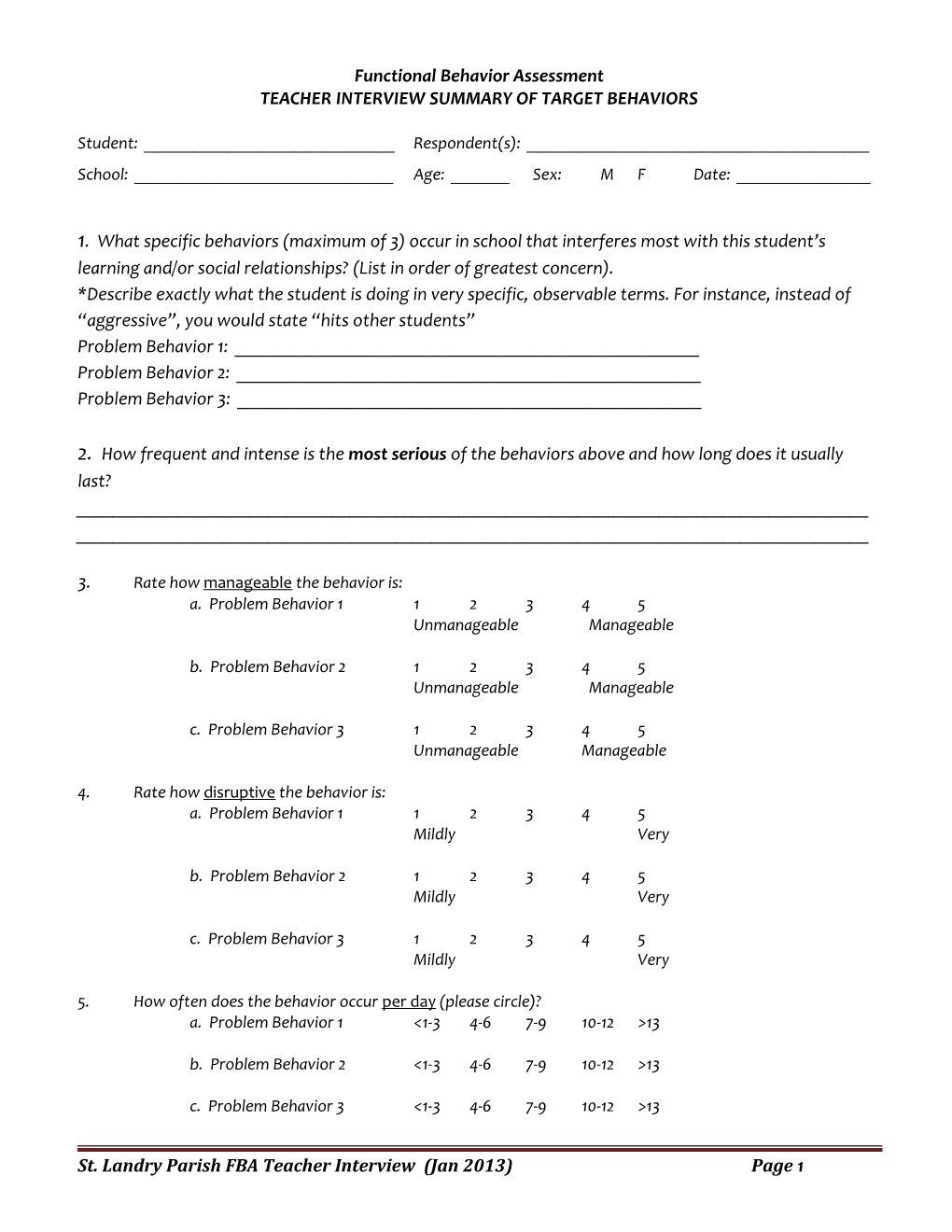 Teacher Interview Summary of Target Behaviors