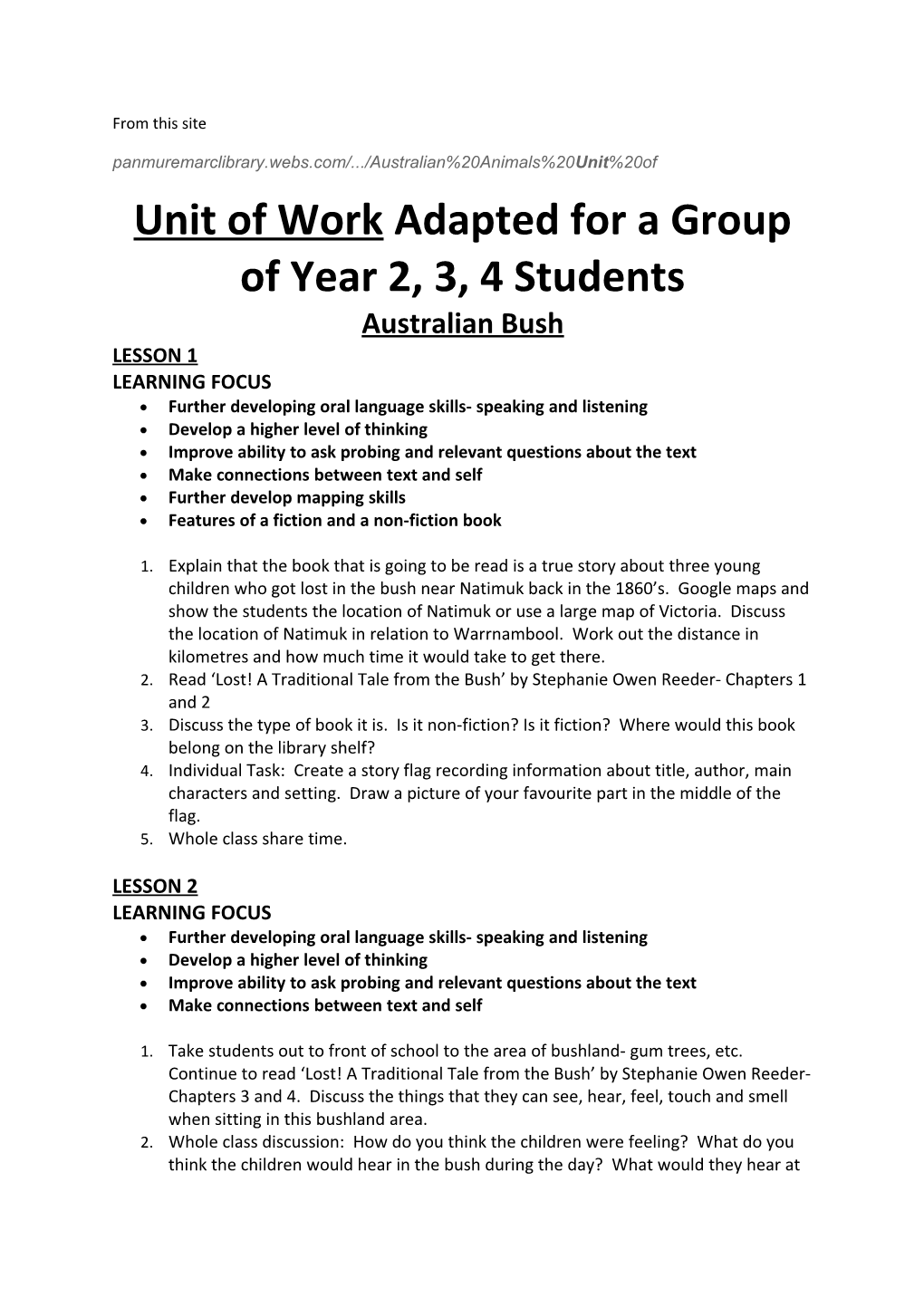 Unit of Work Adapted for a Group of Year 2, 3, 4 Students