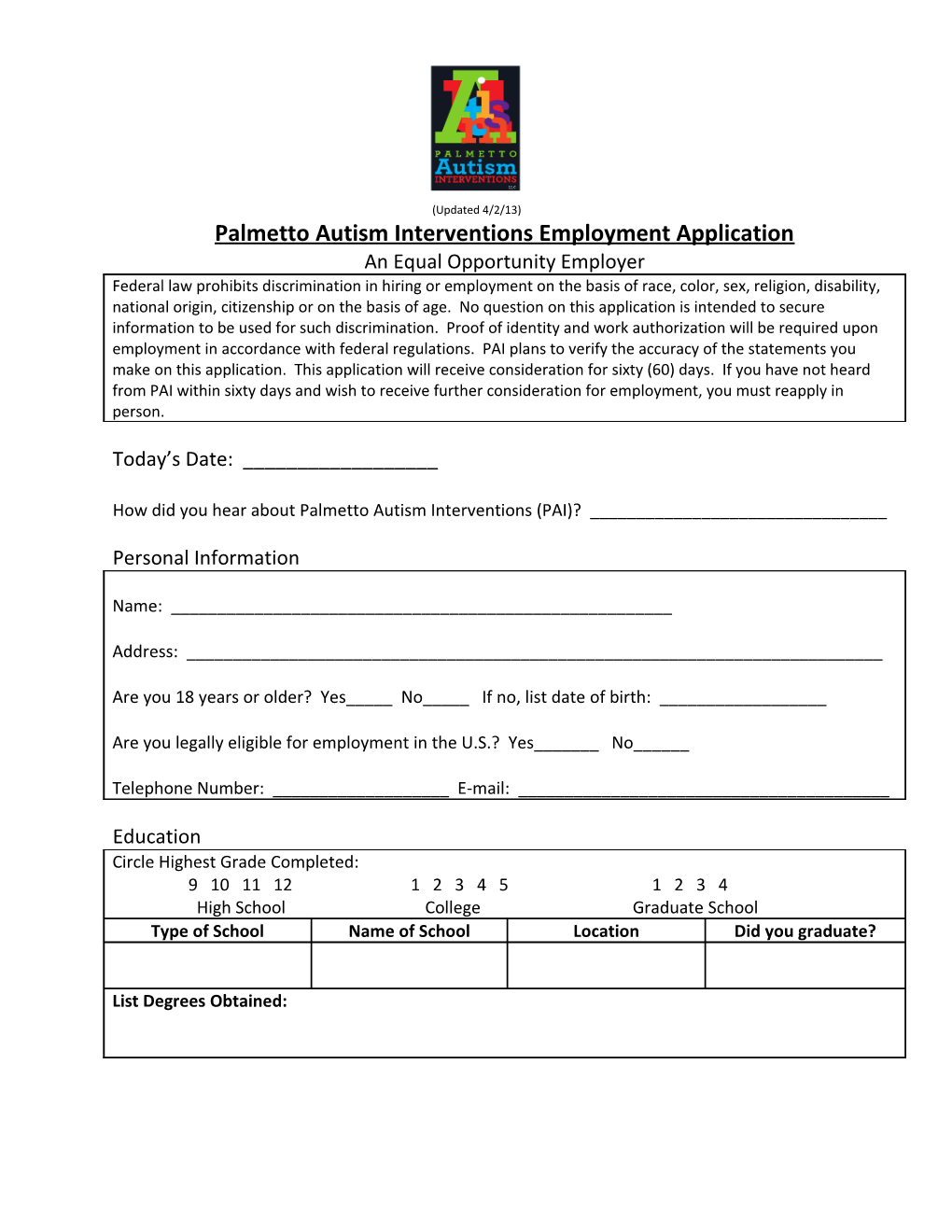 Palmetto Autism Interventions Employment Application