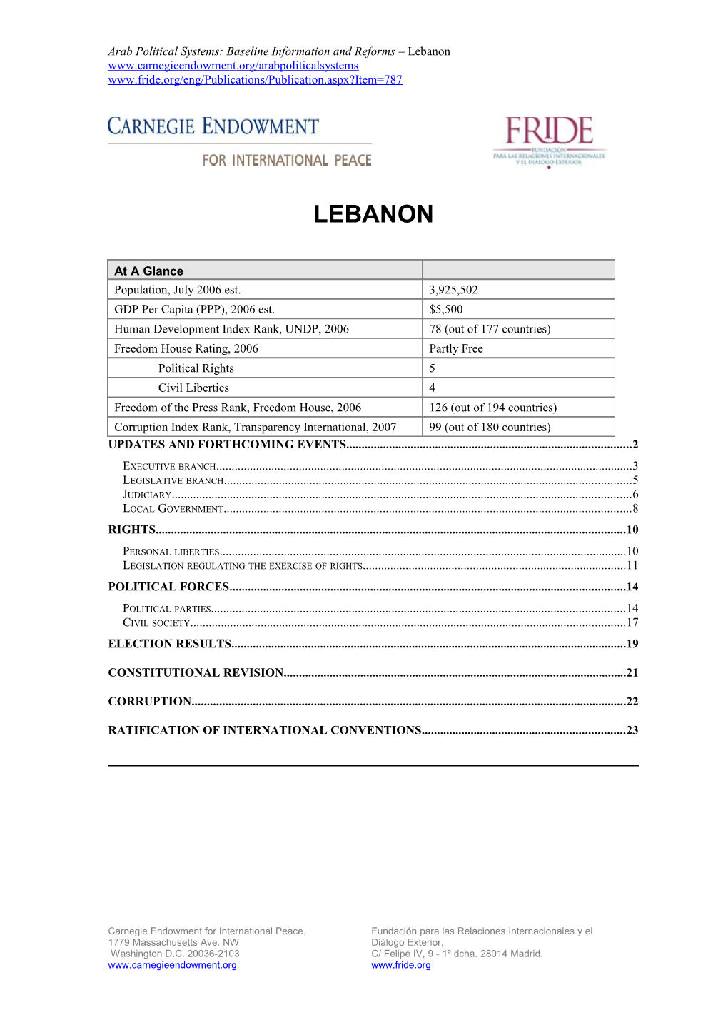 Arab Political Systems: Baseline Information and Reforms Lebanon