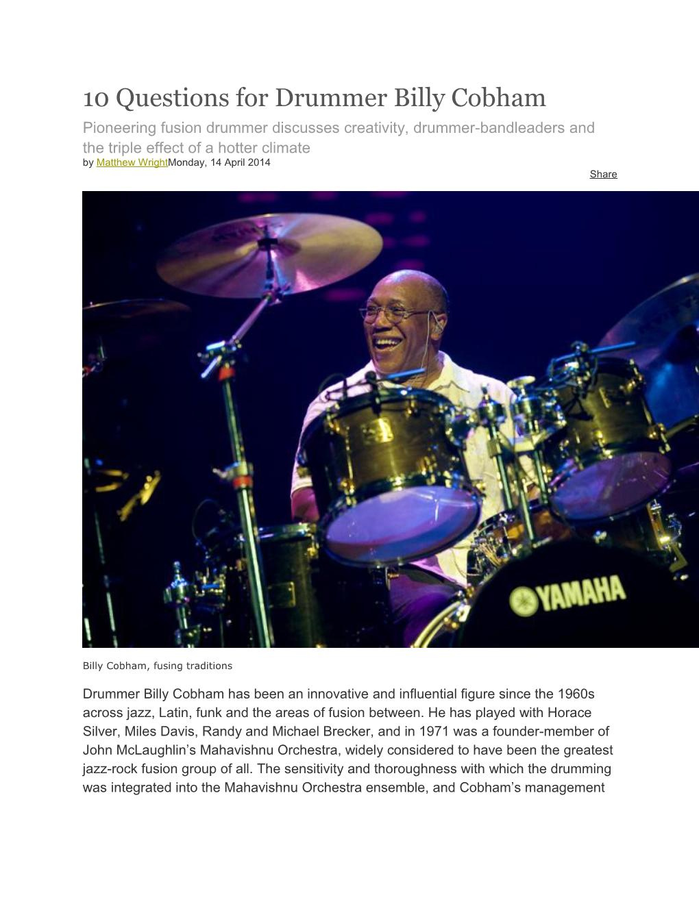 10 Questions for Drummer Billy Cobham