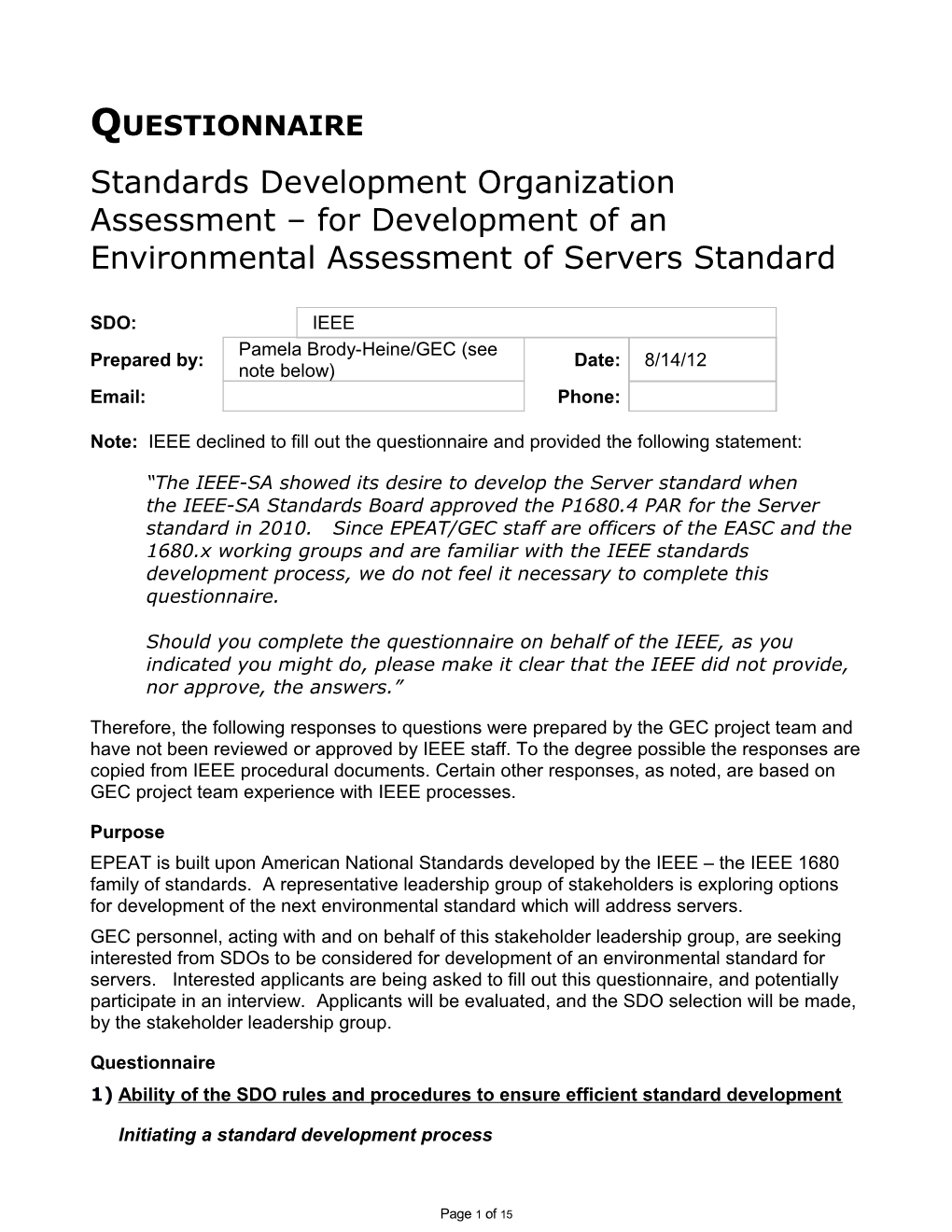Standards Development Organization Assessment for Development of an Environmental Assessment