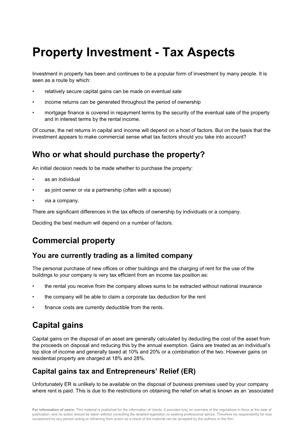 Property Investment - Tax Aspects