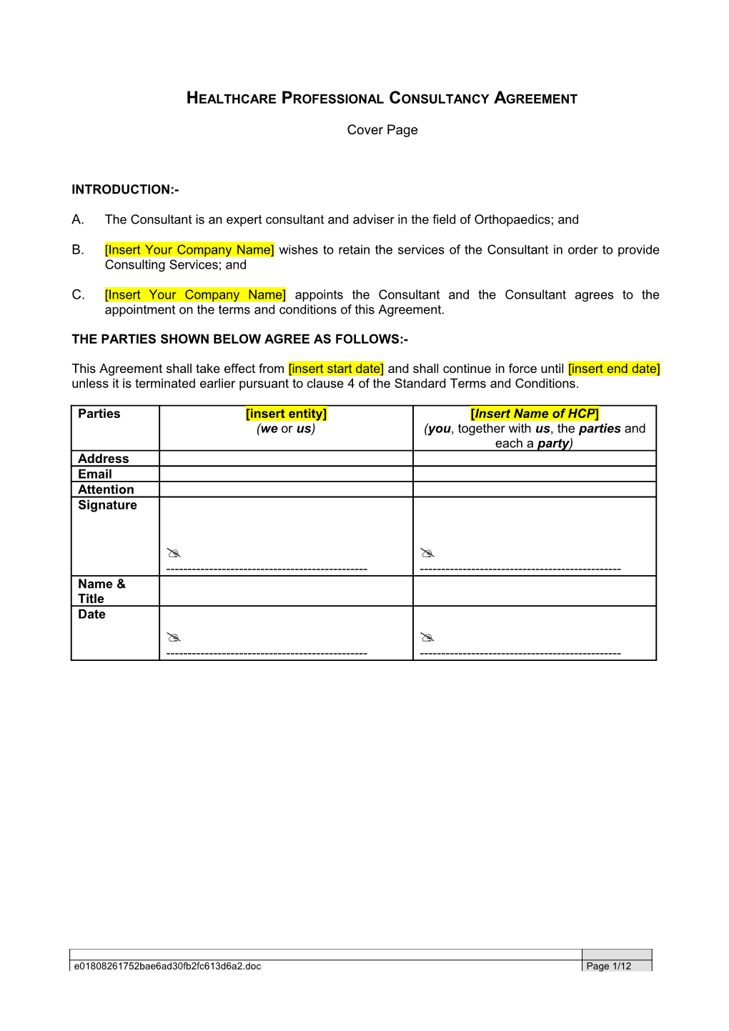 Healthcare Professional Consultancy Agreement