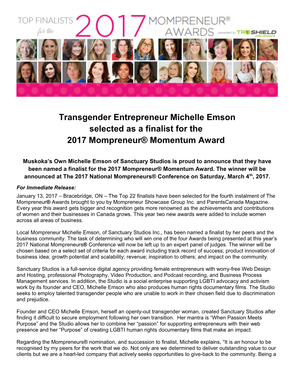 Press Release: Mompreneurs Award Finalist 2017