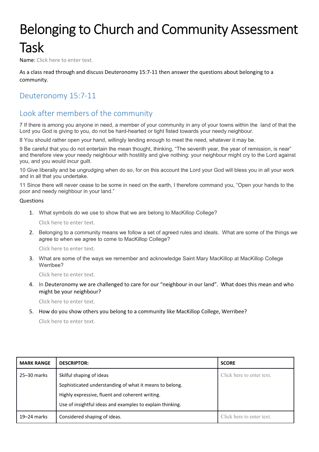 Belonging to Church and Community Assessment Task