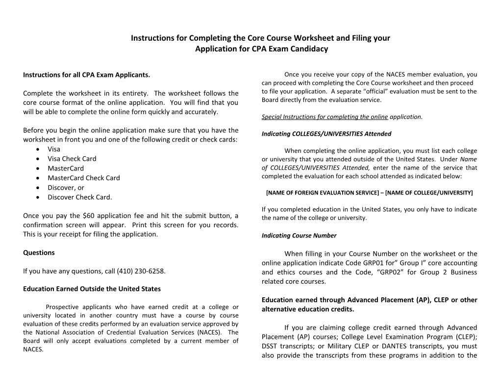 Instructions for Completing the Core Course Worksheet and Filing Your