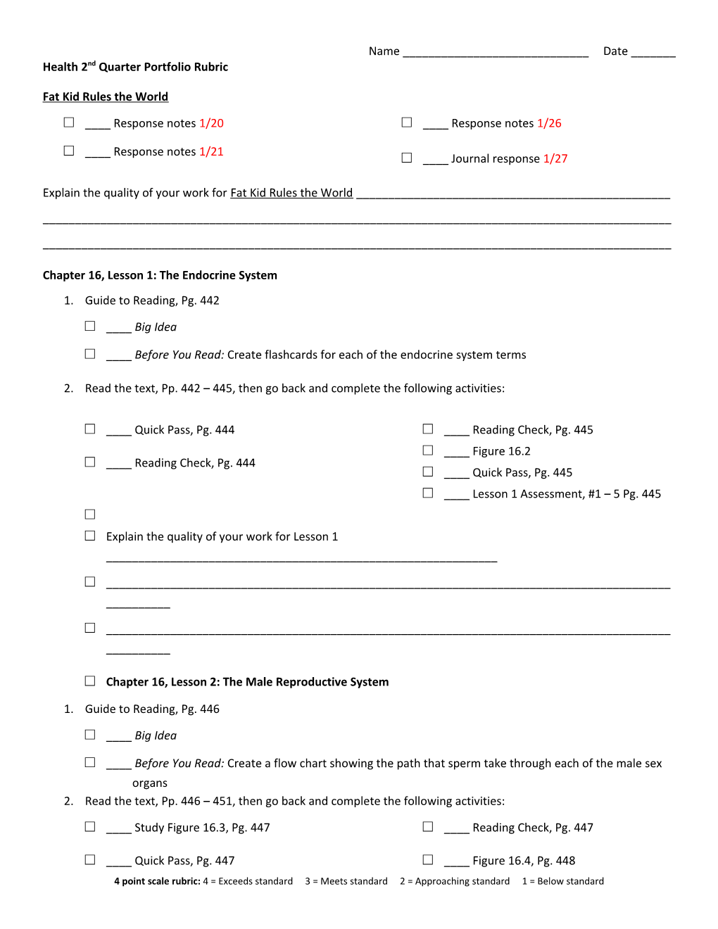 Health 2Nd Quarter Portfolio Rubric