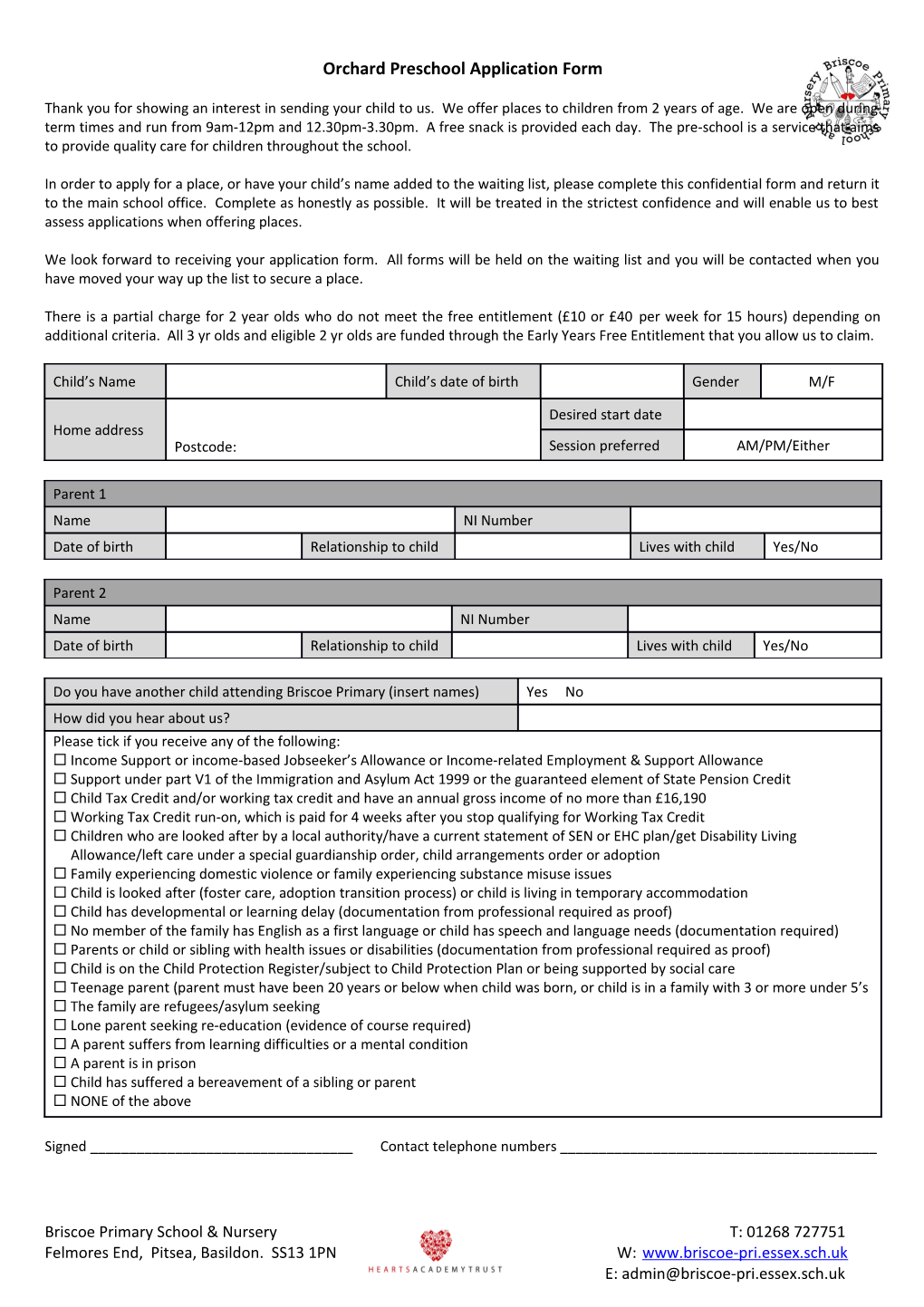 Orchard Preschool Application Form