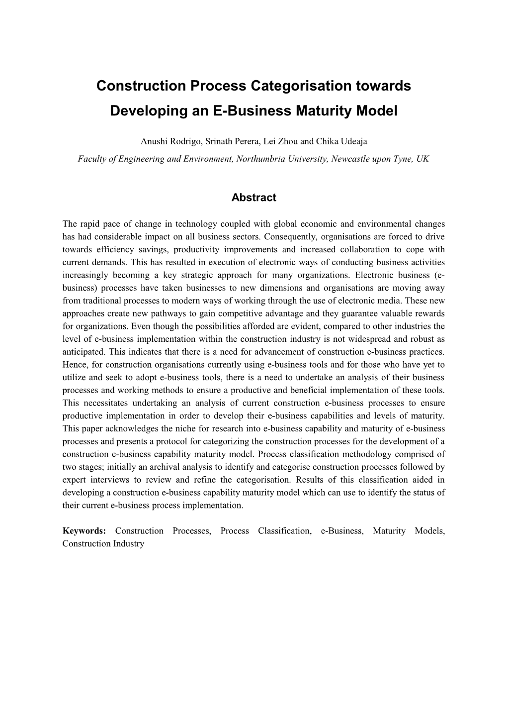 Construction Process Categorisation Towards Developing an E-Business Maturity Model