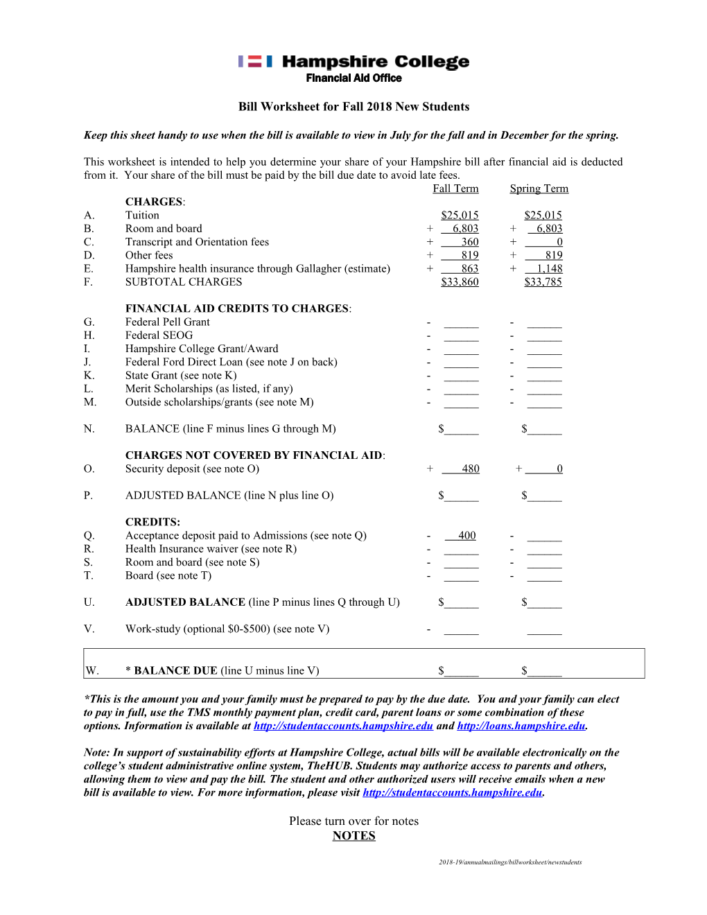 Bill Worksheet for Fall 2018 New Students