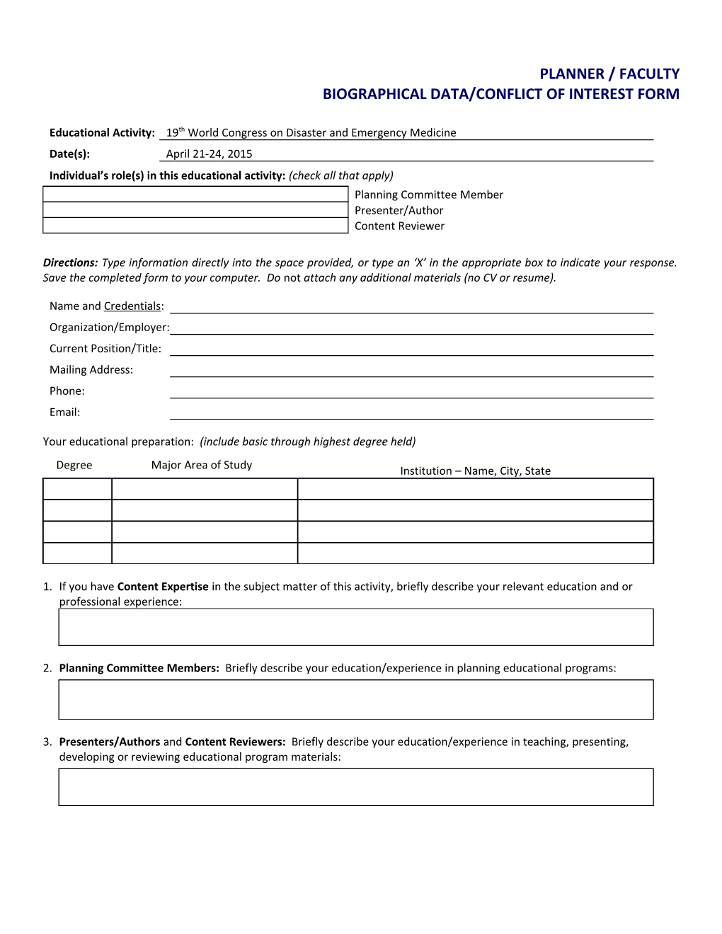 Biographical Data/Conflict of Interest Form