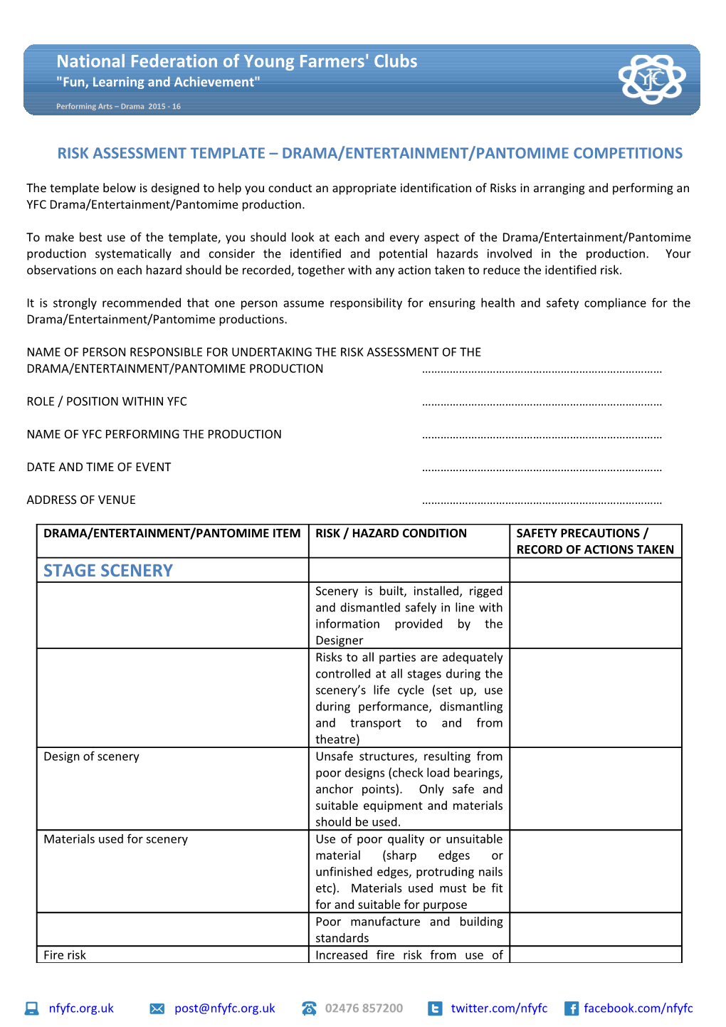 Risk Assessment Template Drama/Entertainment/Pantomime Competitions
