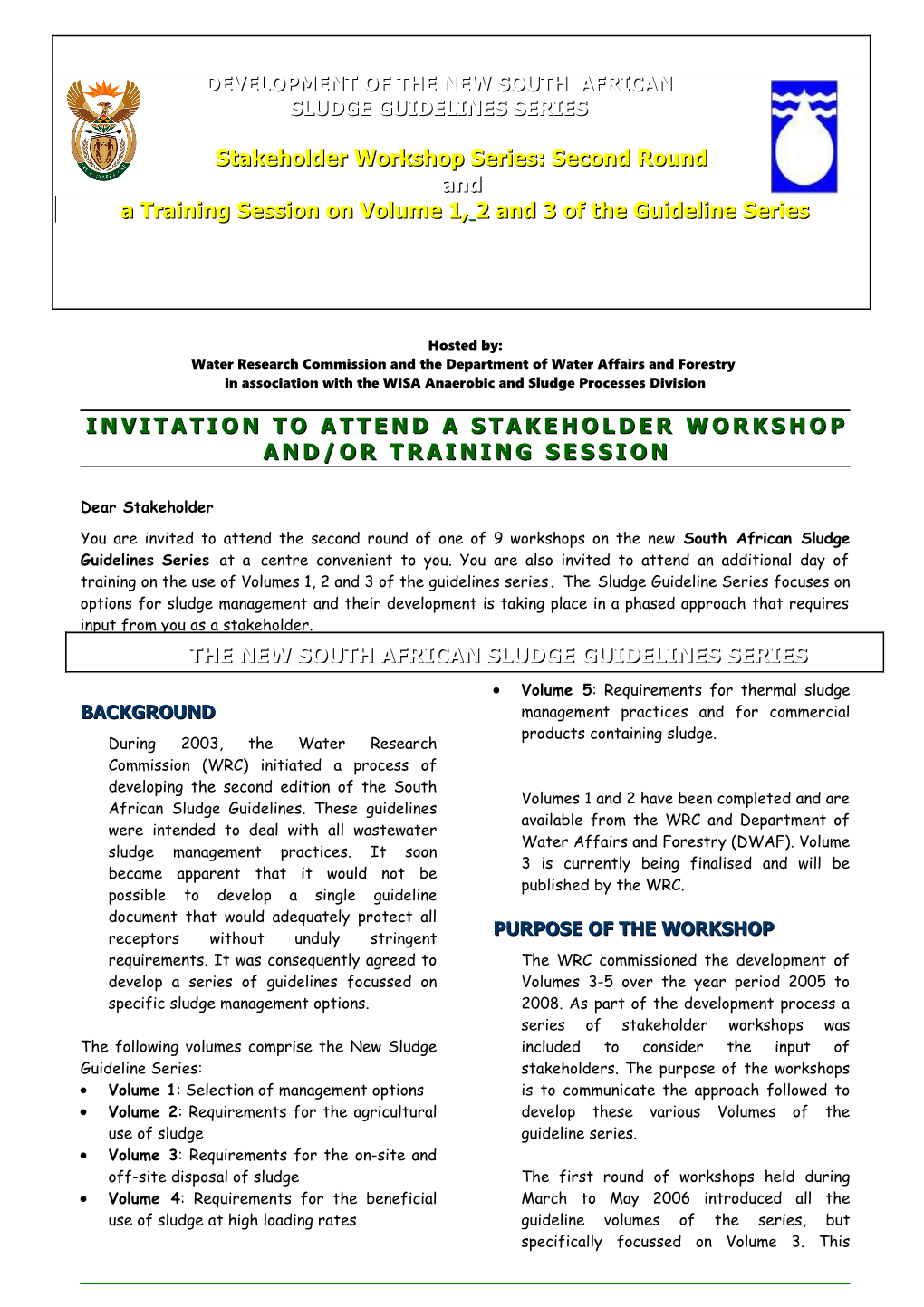 Invitation to a Workshop: the Development of the New South African Sludge Guidelines