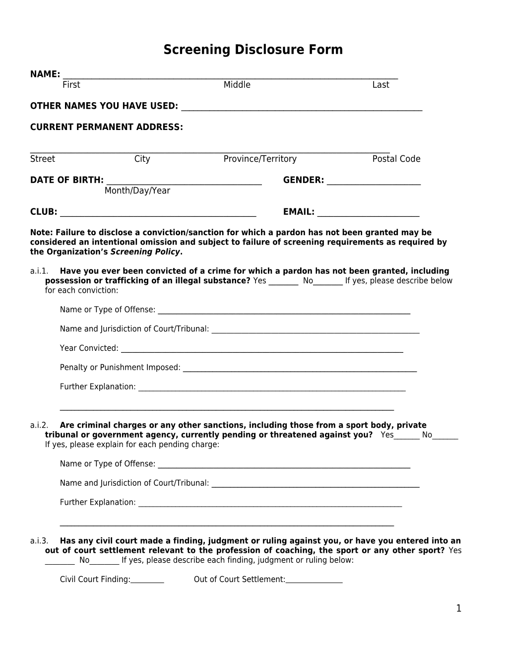 Screening Disclosure Form