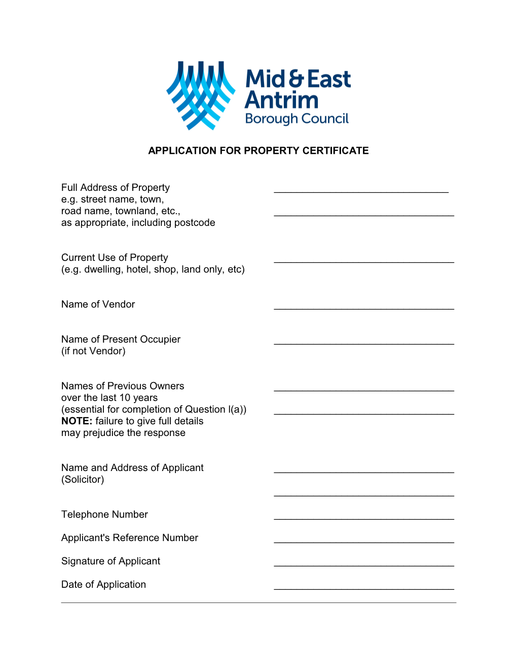 Application for Property Certificate