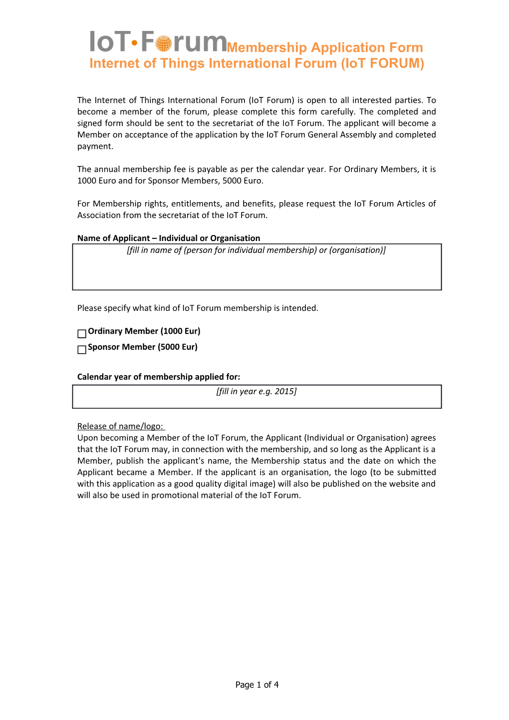 Iot Forum Membership Application Form