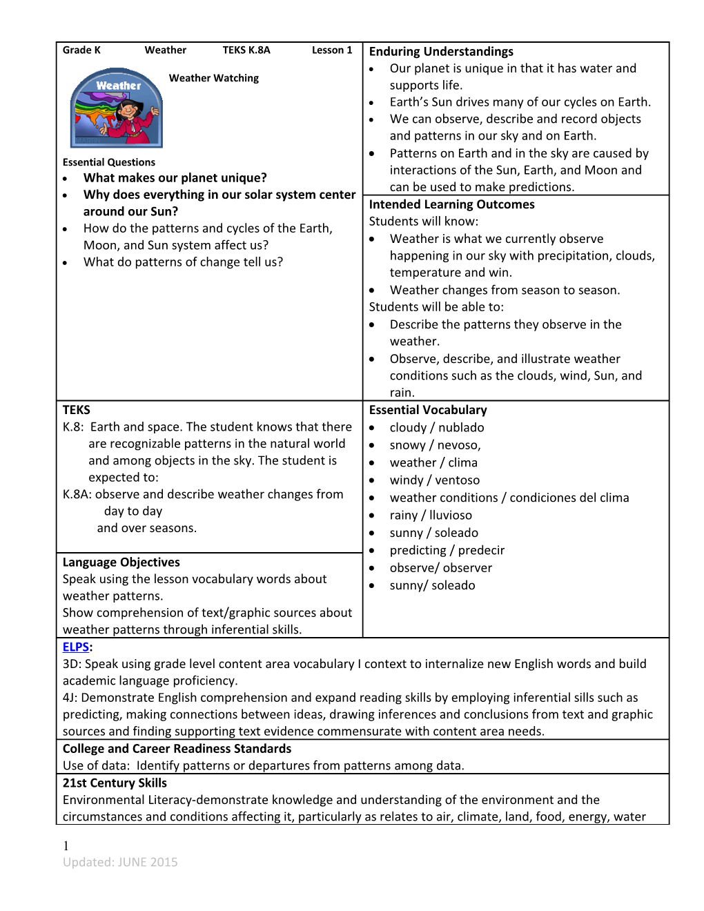 Grade K Weather TEKS K.8A Lesson 1