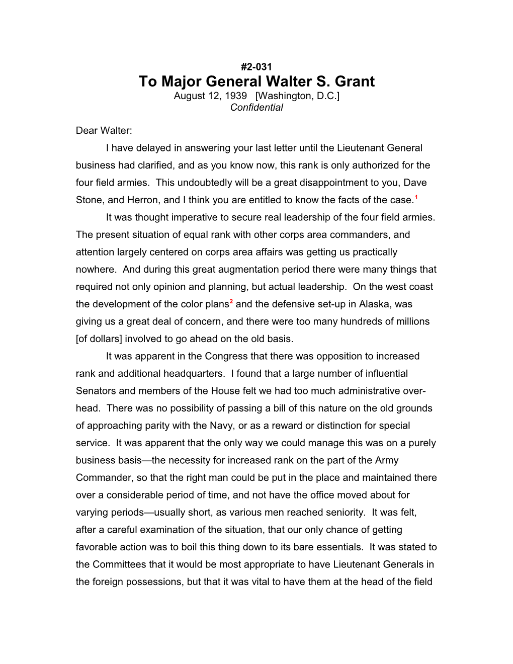 To Major General Walter S. Grant