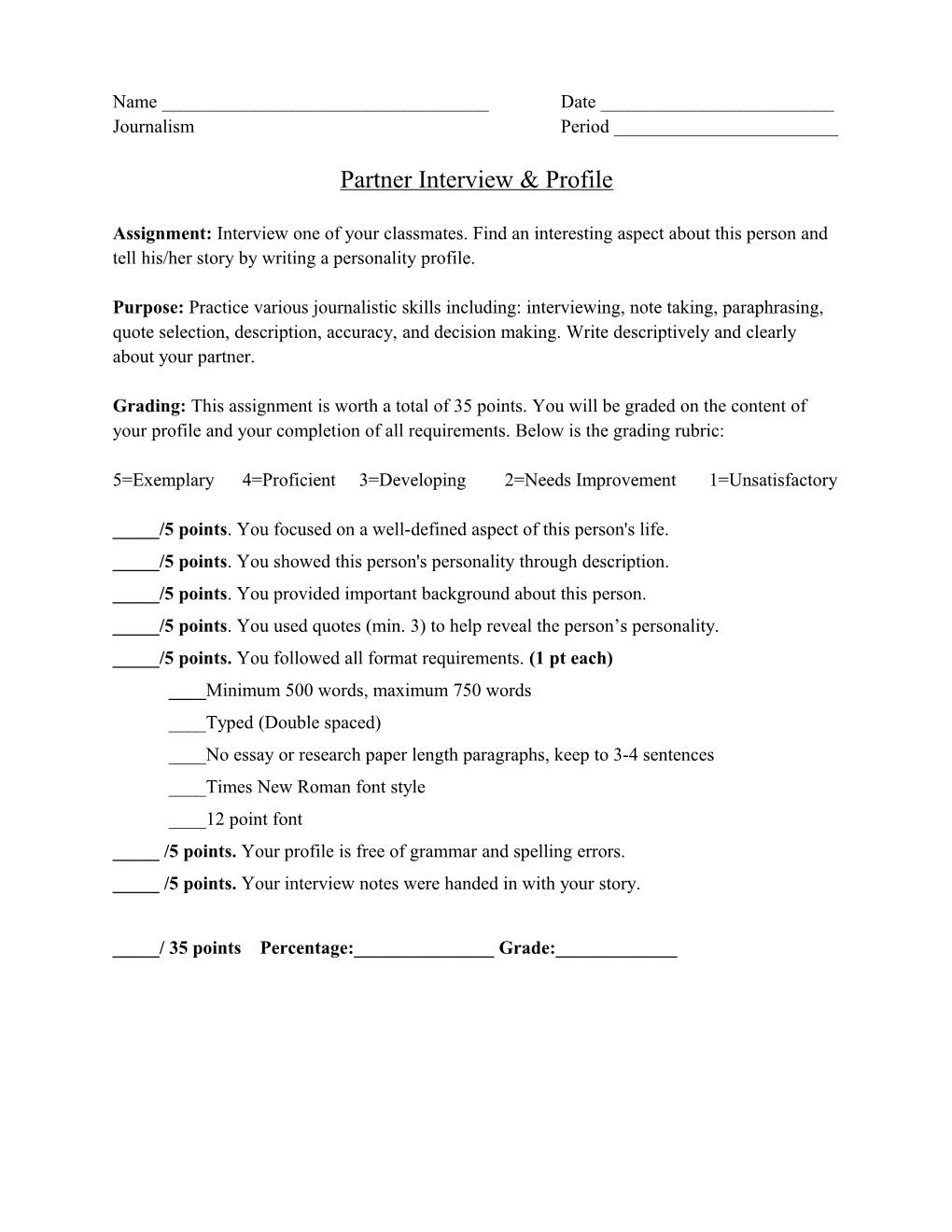 Journalism Class Interview Activity