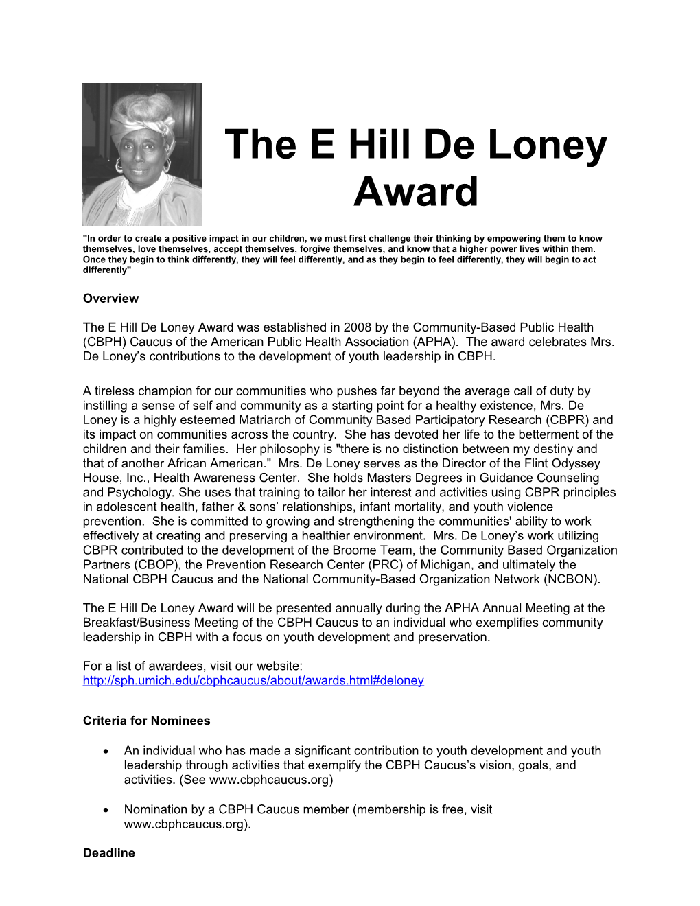 The E Hill De Loney Award