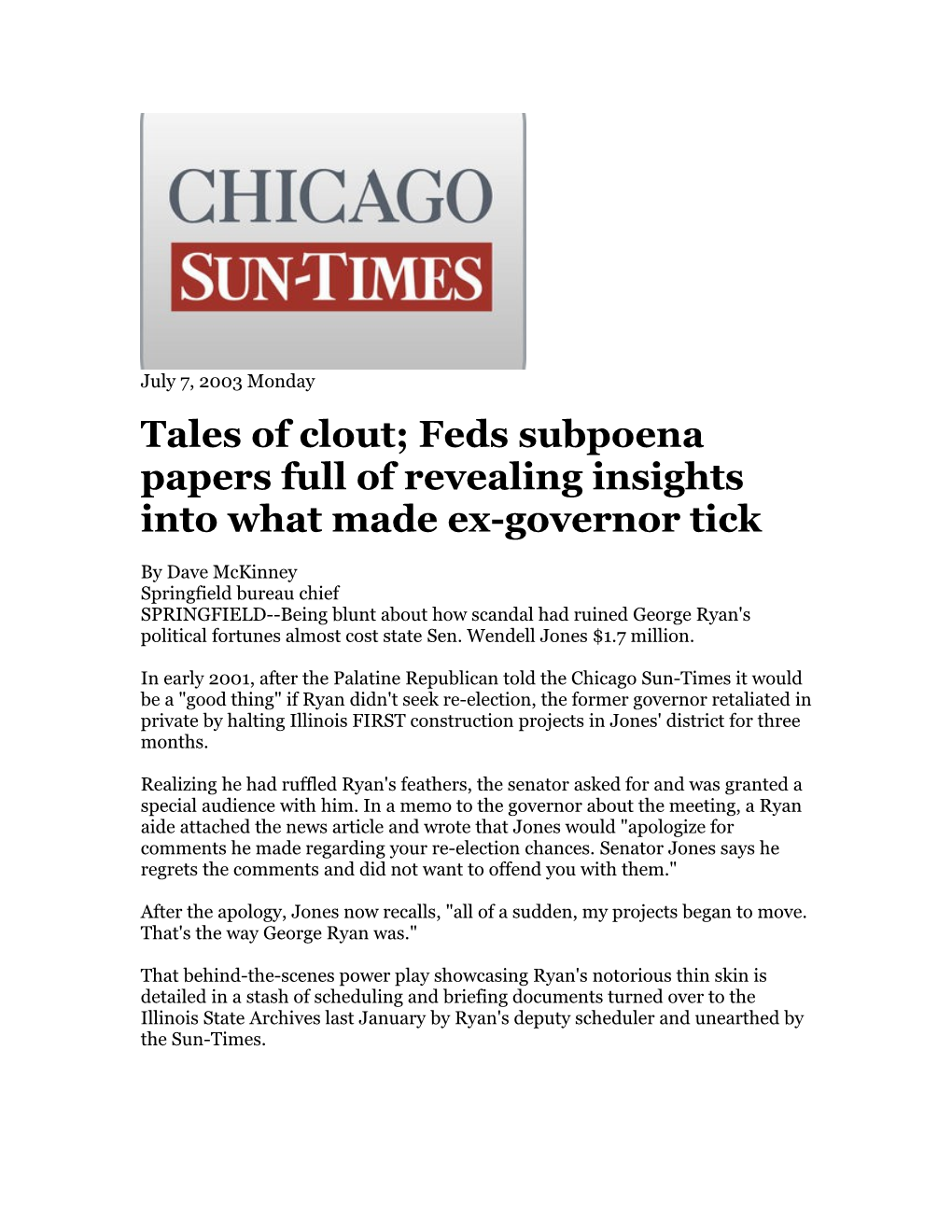Tales of Clout; Feds Subpoena Papers Full of Revealing Insights Into What Made Ex-Governor
