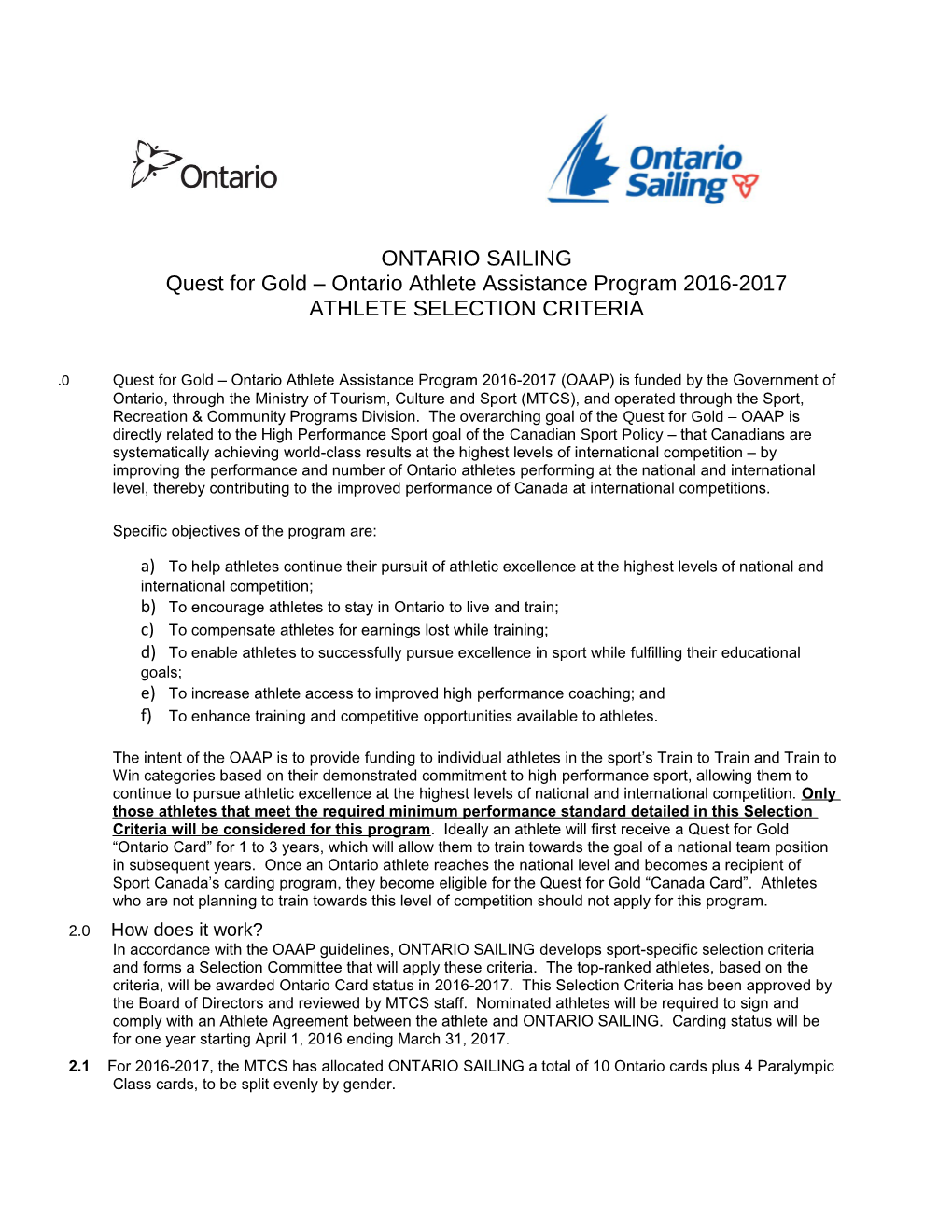 Quest for Gold Ontario Athlete Assistance Program 2016-2017