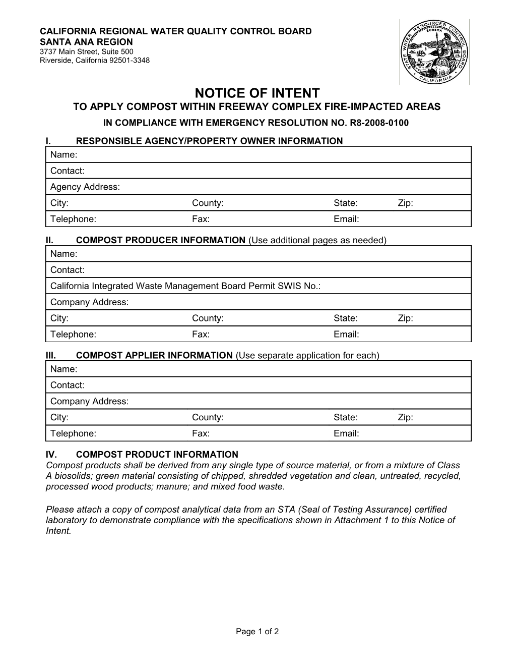 Notice of Intent to Comply with Emergency Resolution R8-2008-0100