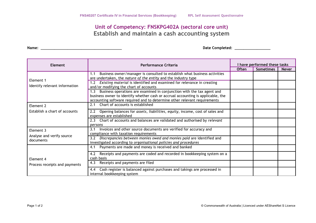 RPL Self Assessment Questionnaire