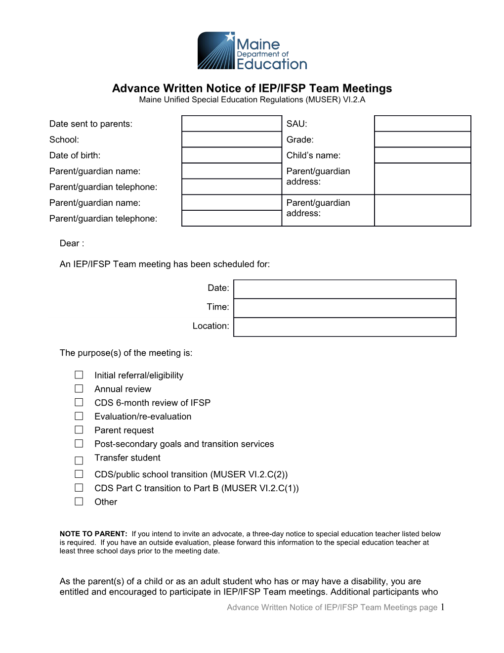 Advance Written Notice of IEP/IFSP Team Meetings