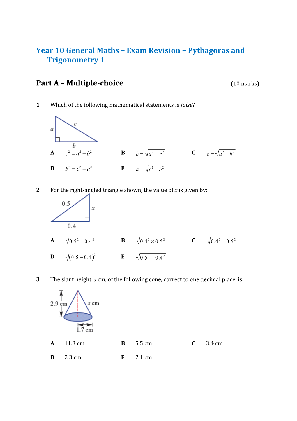 Year 10 General Maths Exam Revision Pythagoras and Trigonometry 1