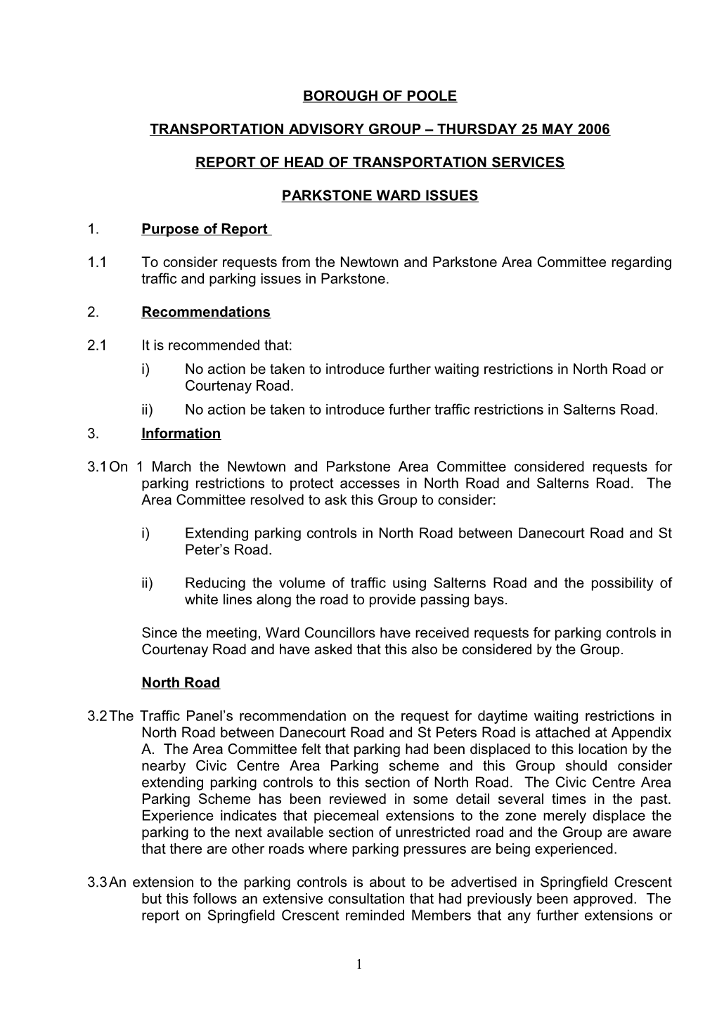 PFD Councillor Parker - 25 May 2006 - Parkstone Ward Issues - Report