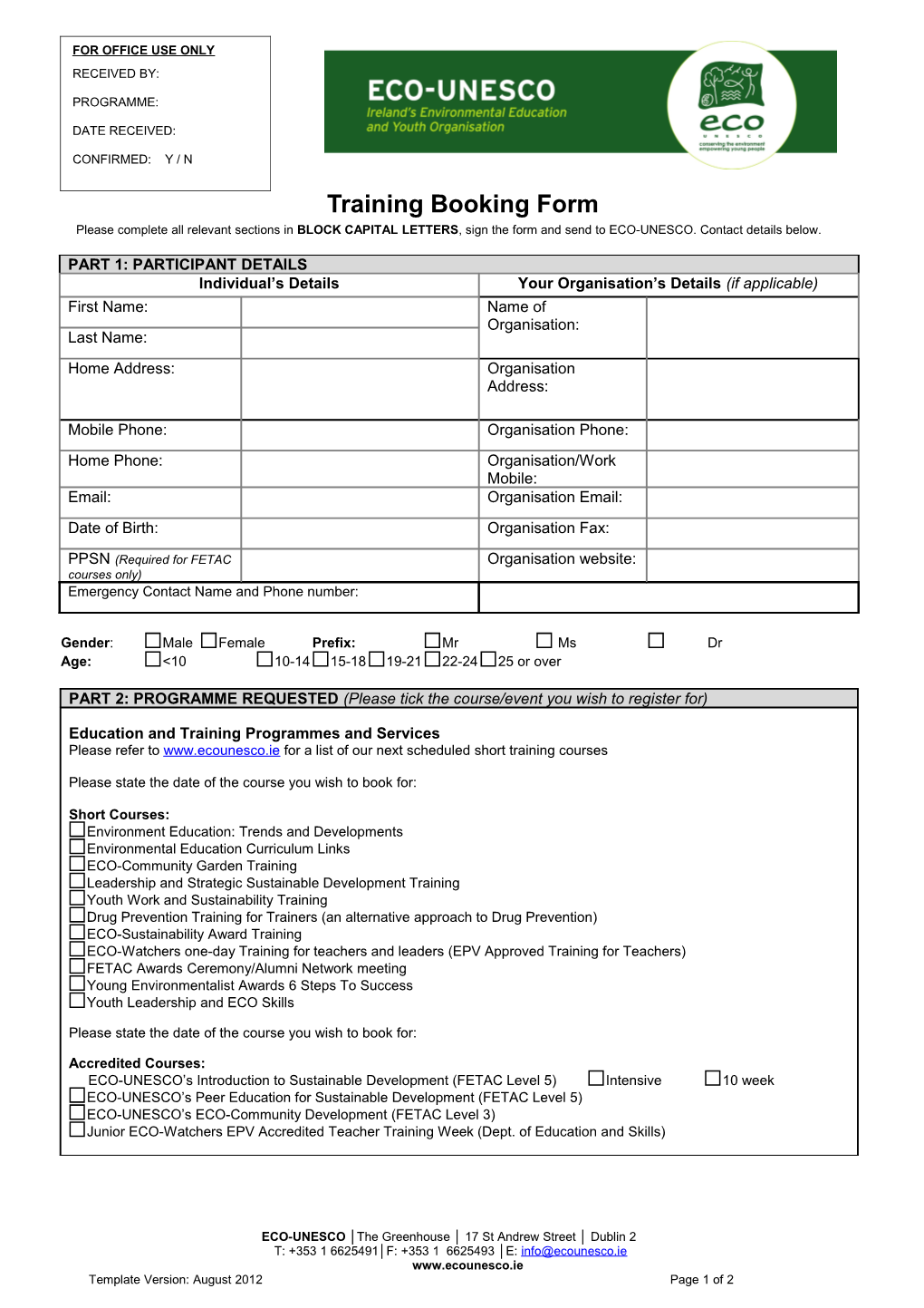 Eco-Unesco Booking Form