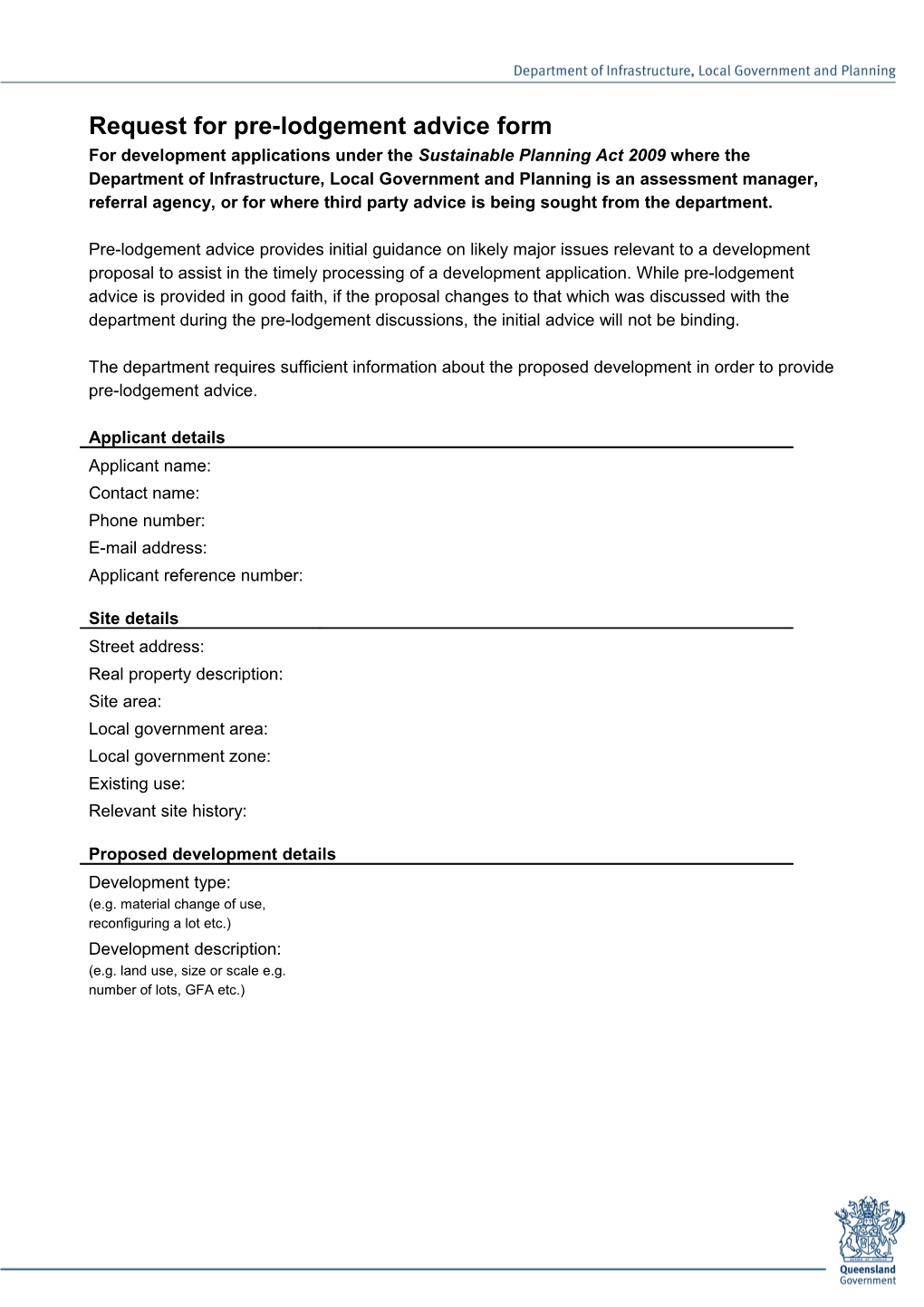 Request for Pre-Lodgement Advice Form
