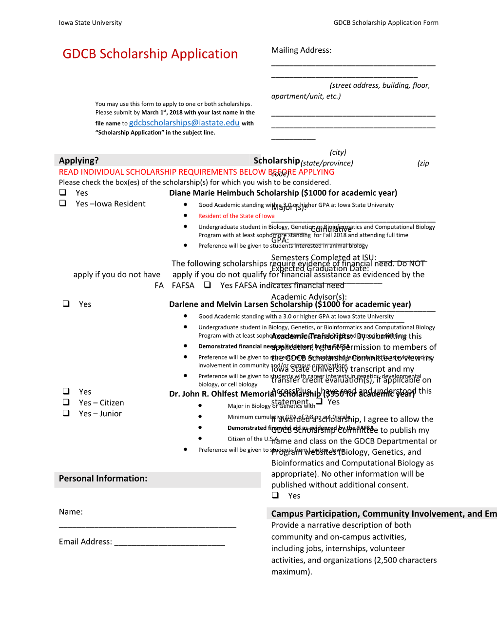 Iowa State Universitygdcb Scholarship Application Form
