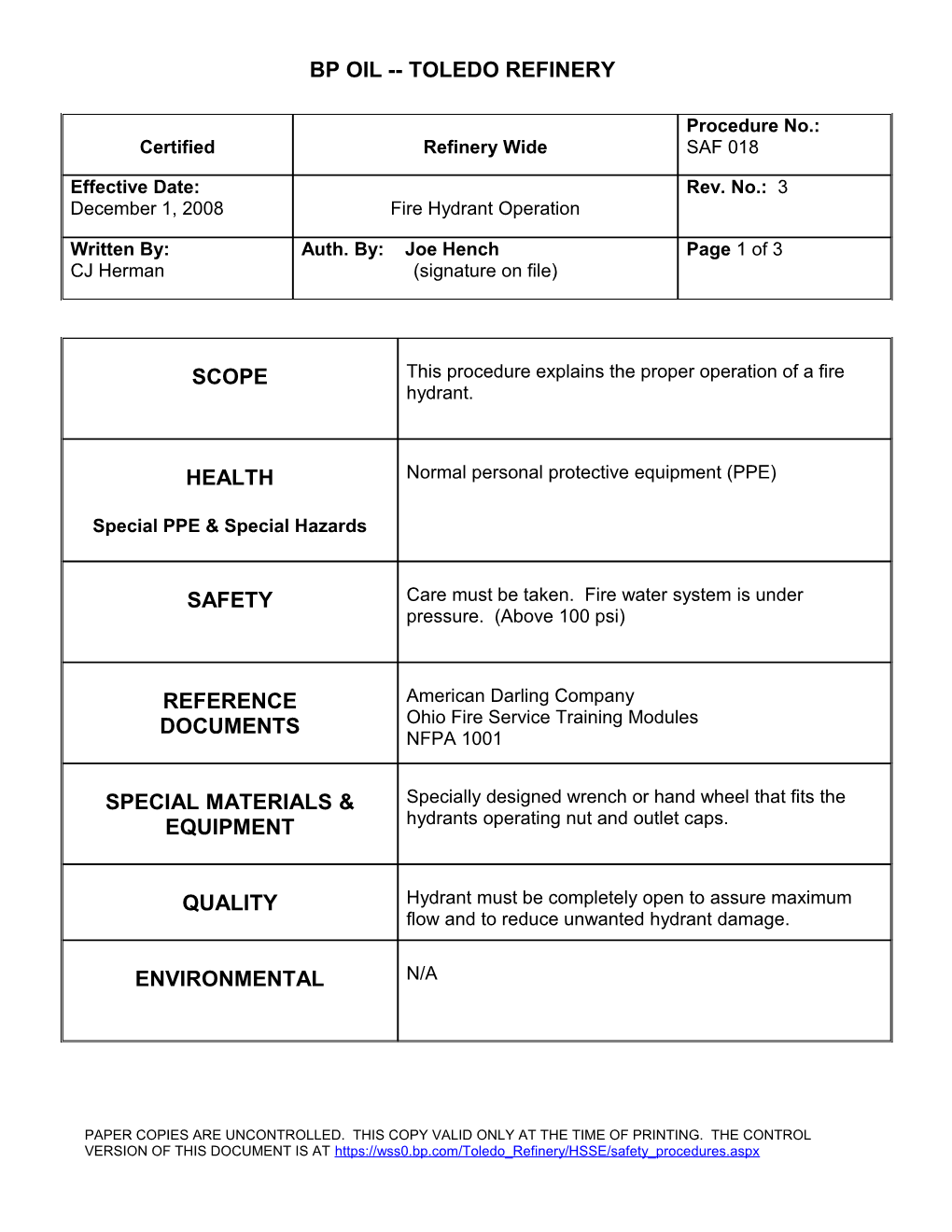 Procedure No. SAF 018 Rev. No. 3