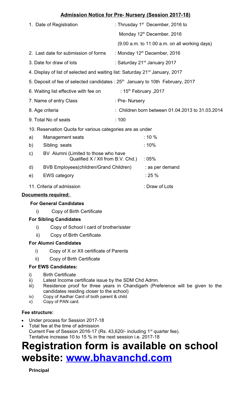 Admission Notice for Pre- Nursery (Session 2017-18)