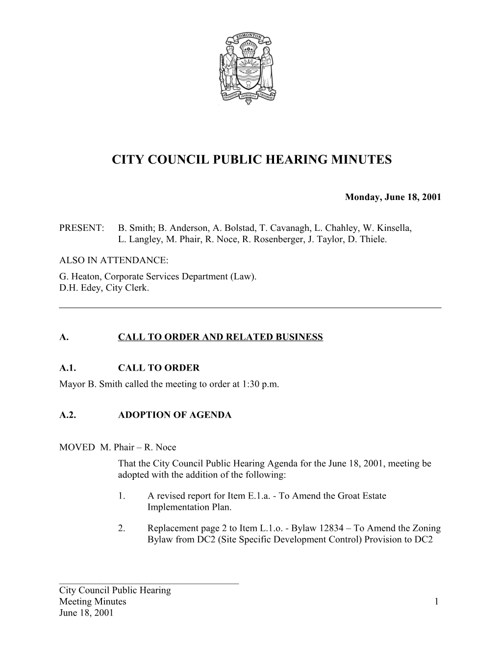 Minutes for City Council June 18, 2001 Meeting