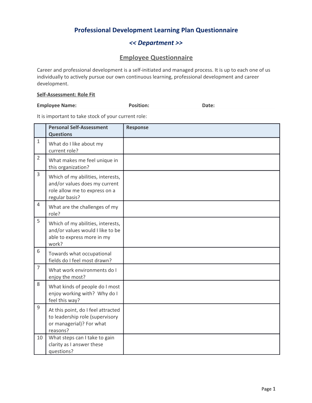 Professional Development Learning Plan Questionnaire