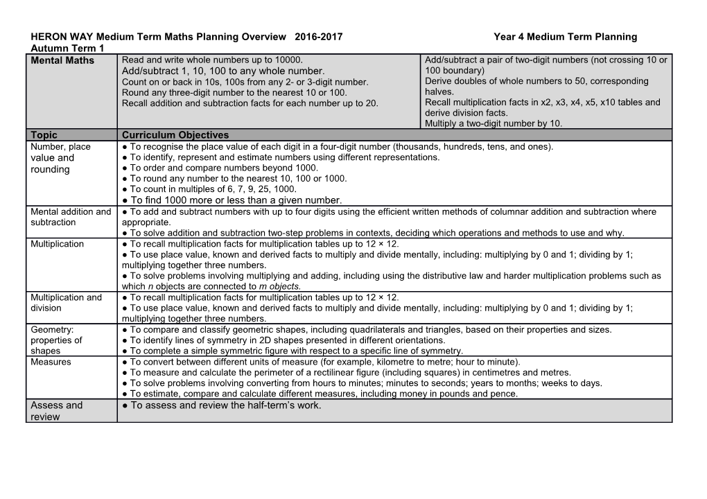 HERON WAY Medium Term Maths Planning Overview 2016-2017 Year 4 Medium Term Planning Autumn