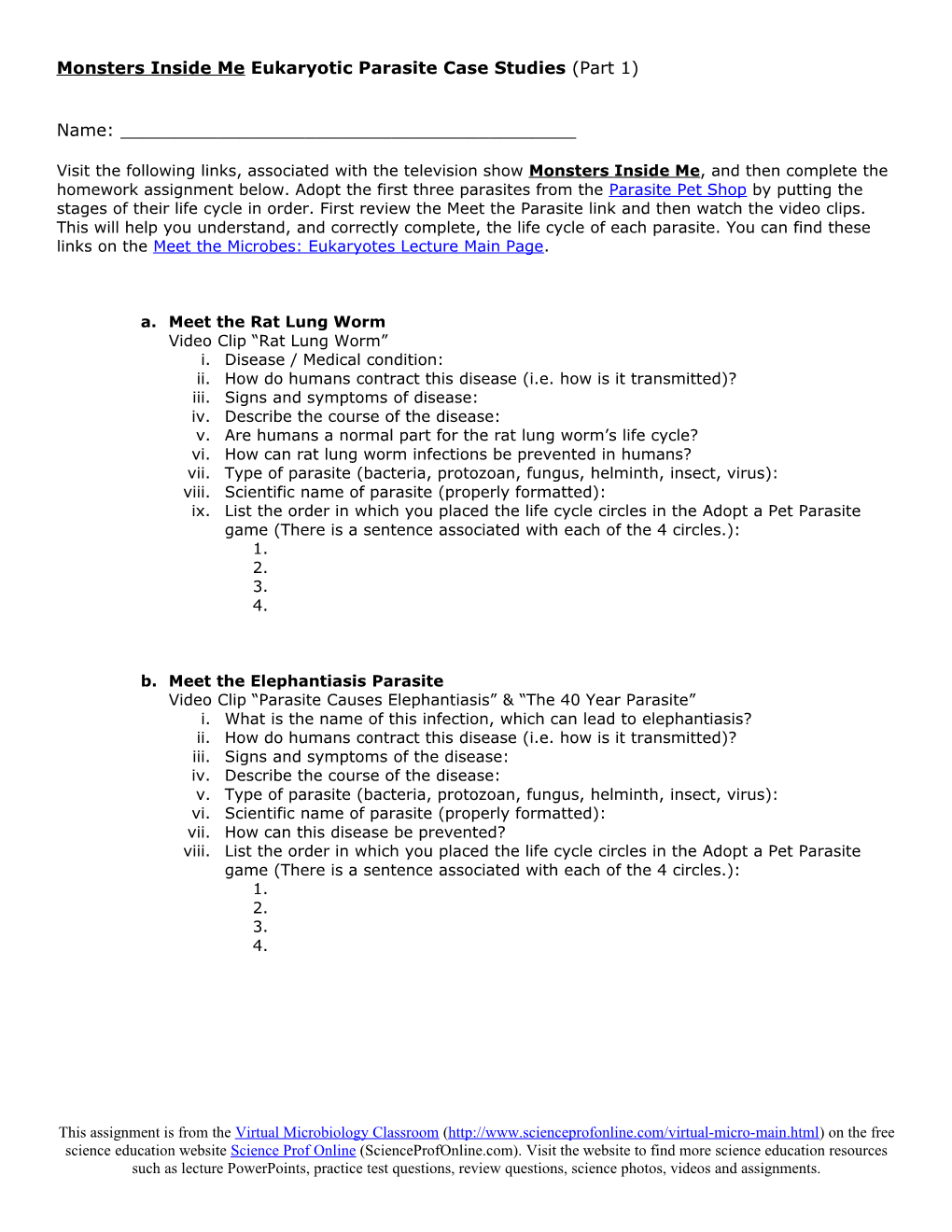 Monsters Inside Me Eukaryotic Parasite Case Study Assignment Part 1